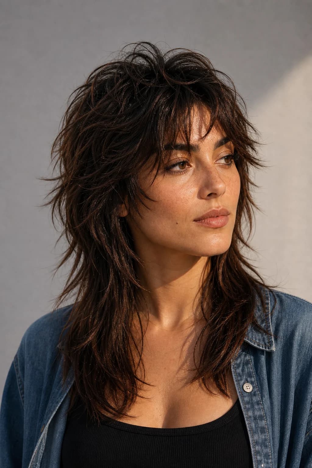 Wolf cut cara triangular — mullet corona + capas bajo mandíbula